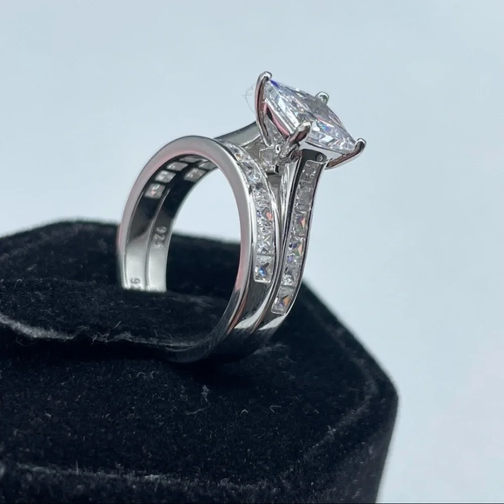 925 Sterling Silver Diamond 2 Band Wedding‎ Ring 6